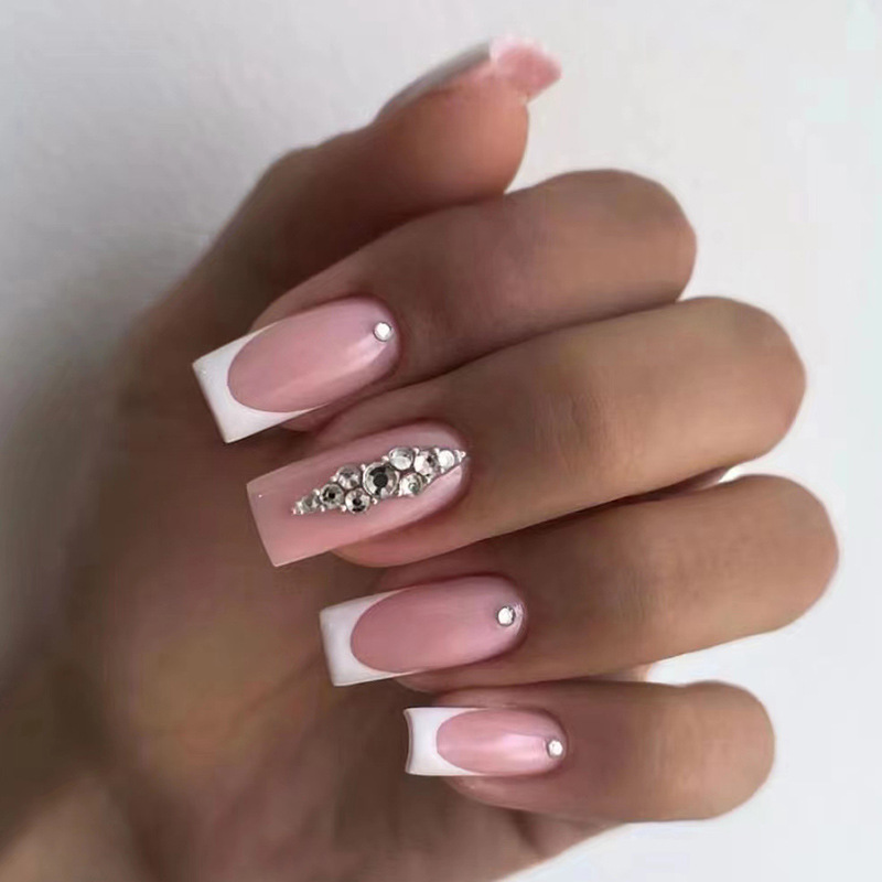 24pcs Fake Nail Tips With Rhinestone Butterfly Design Detachable Press On Nails Long Fake Nail Finished Nail Sticker With Glue