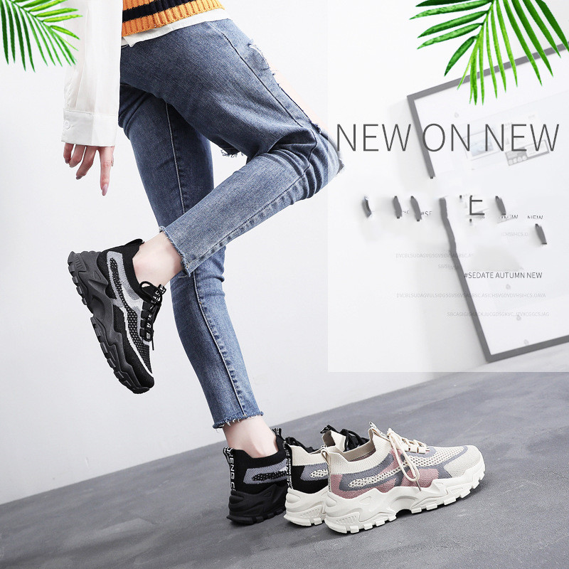 Women's Thick Sole Dad Shoes Spring and Autumn Sports Women's Shoes Fashion Breathable Flyknit Shoes Lightweight Running Fashion