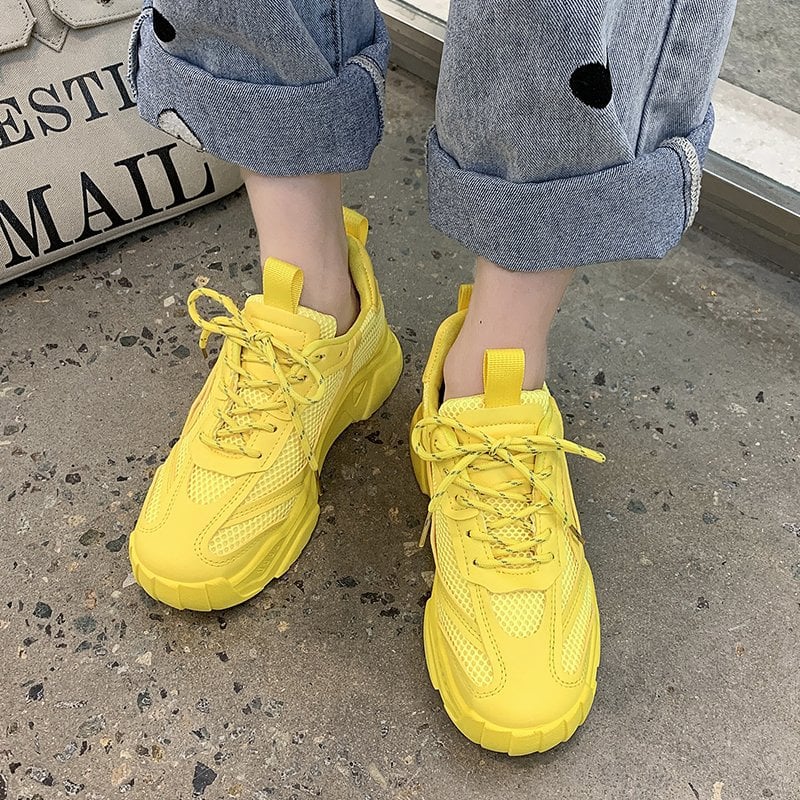2024 Spring Autumn Platform Sneakers Women's Casual Lace Up Thick Bottom Shoes Woman Non Slip Yellow Classic Sneakers Round Head
