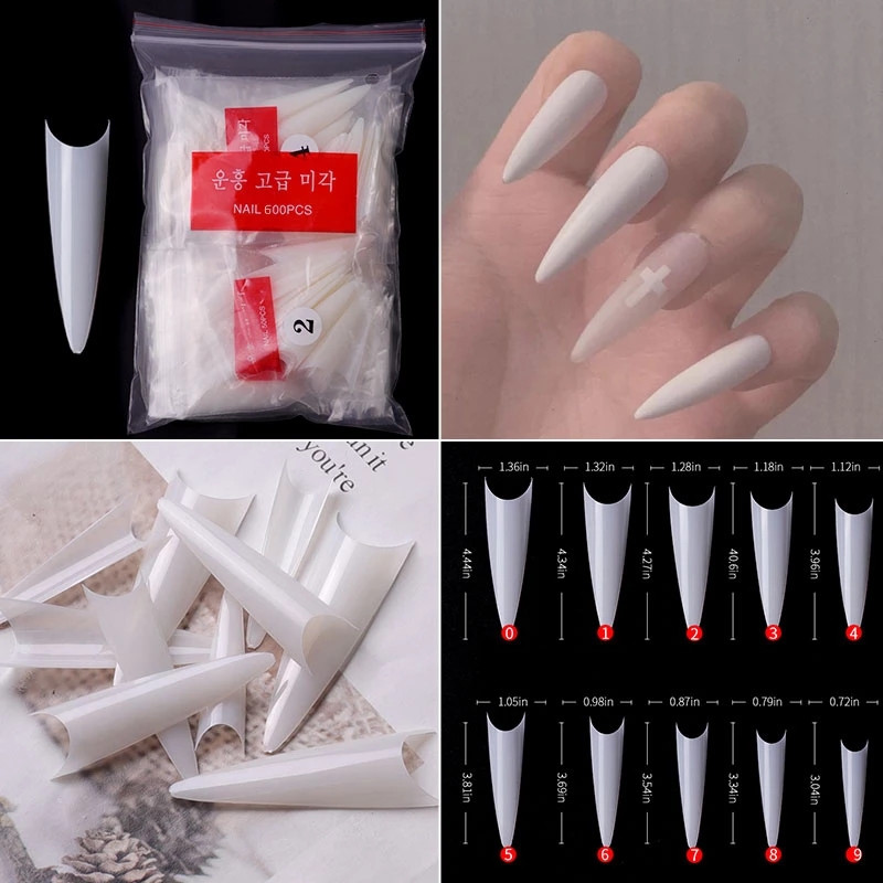 500pcs Stiletto Sharp Nail Tips French Acrylic False Nail Tips Clear/Natural Pointy Nail Fake Tips UV Gel Manicure Nail Art Tool
