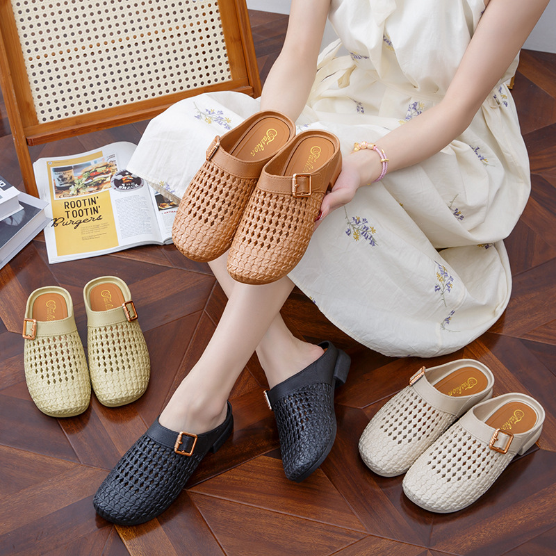 New round headed slippers with spliced toe, woven fashion, comfortable sandals, niche cool slippers