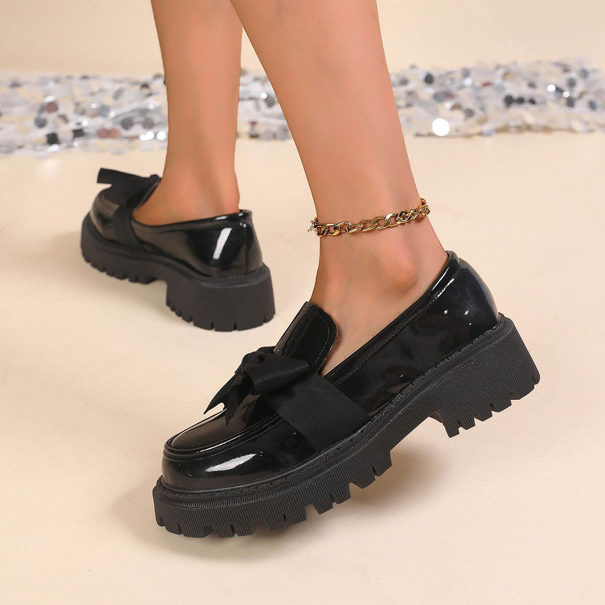 New Le Fu Shoes Women's Bow Thick soled Small Leather Shoes Single Shoes