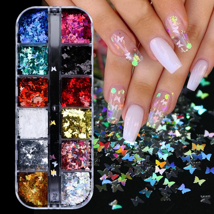 3D Butterfly Slice Nail Sequins Flakes Holographic Iridescent Glitter Nail Art Decoration Colorful Manicure 12 in 1 Set