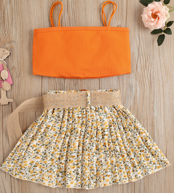 Solid color pit strap top printed pleated skirt two piece