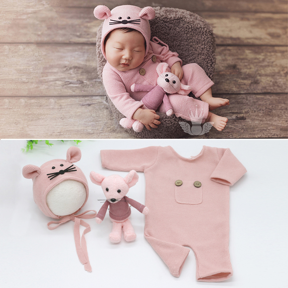 Newborn Photography Clothing Baby Soft Knitted One Piece+Hat+Doll Mouse Three Piece Set