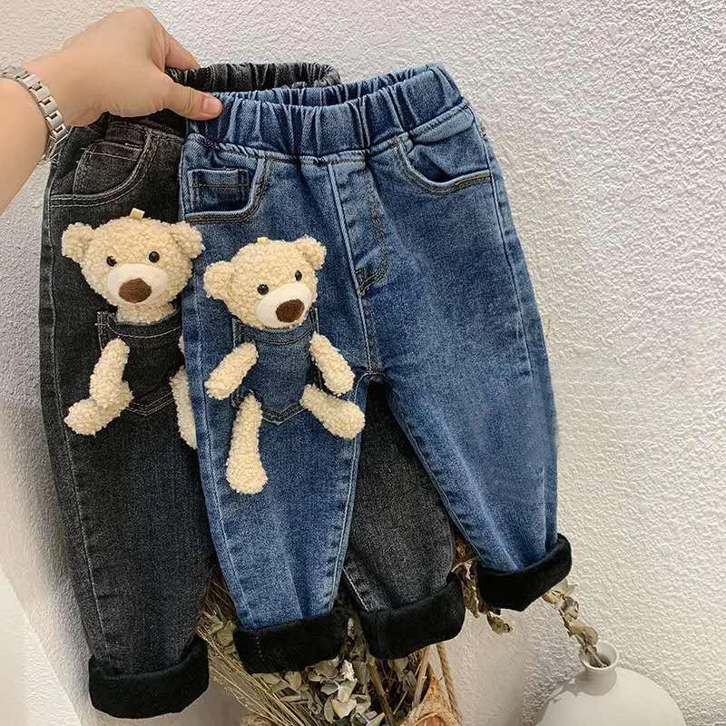 Baby pants 2-6Years Winter Girls Boys Cute Cartoon Bear Jeans Pant Baby Kids Children Thick Warm Fleece Denim Trousers