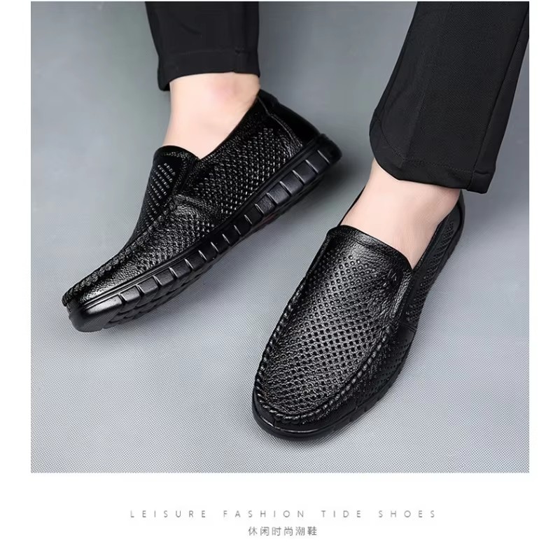 Fashion Leather Hollow Summer Soft Sole Men's Loafers Designer New Platform Busines Dress Shoes Men Casual Sandals Man