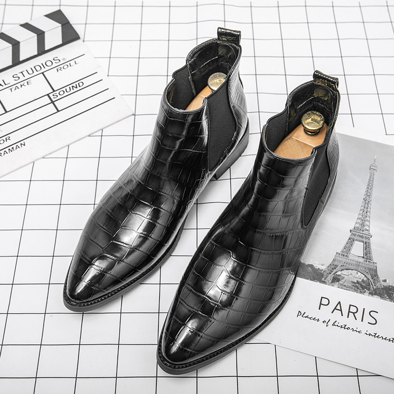 Men Fashion Leather Slip-on Ankle Boots Pointed Toe Low Heel Shoes Male Casual Classic Chelsea Boots Mens Boots and Luxury Shoes