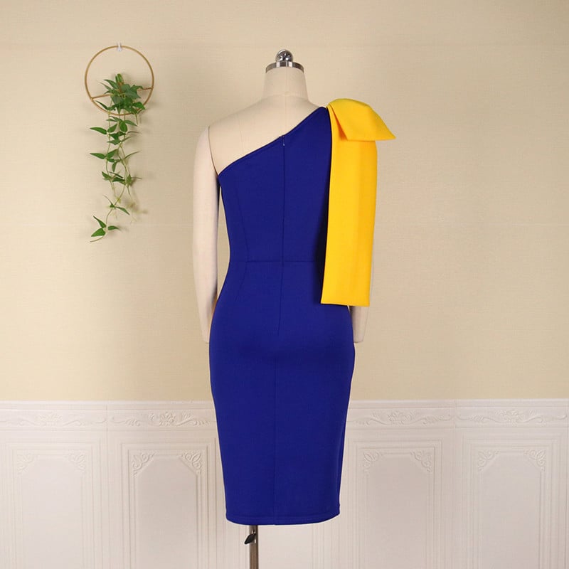 Ladies Dress Skinny Party Sexy One Shoulder Bow Tie Blue Yellow Patchwork Irregular Dress