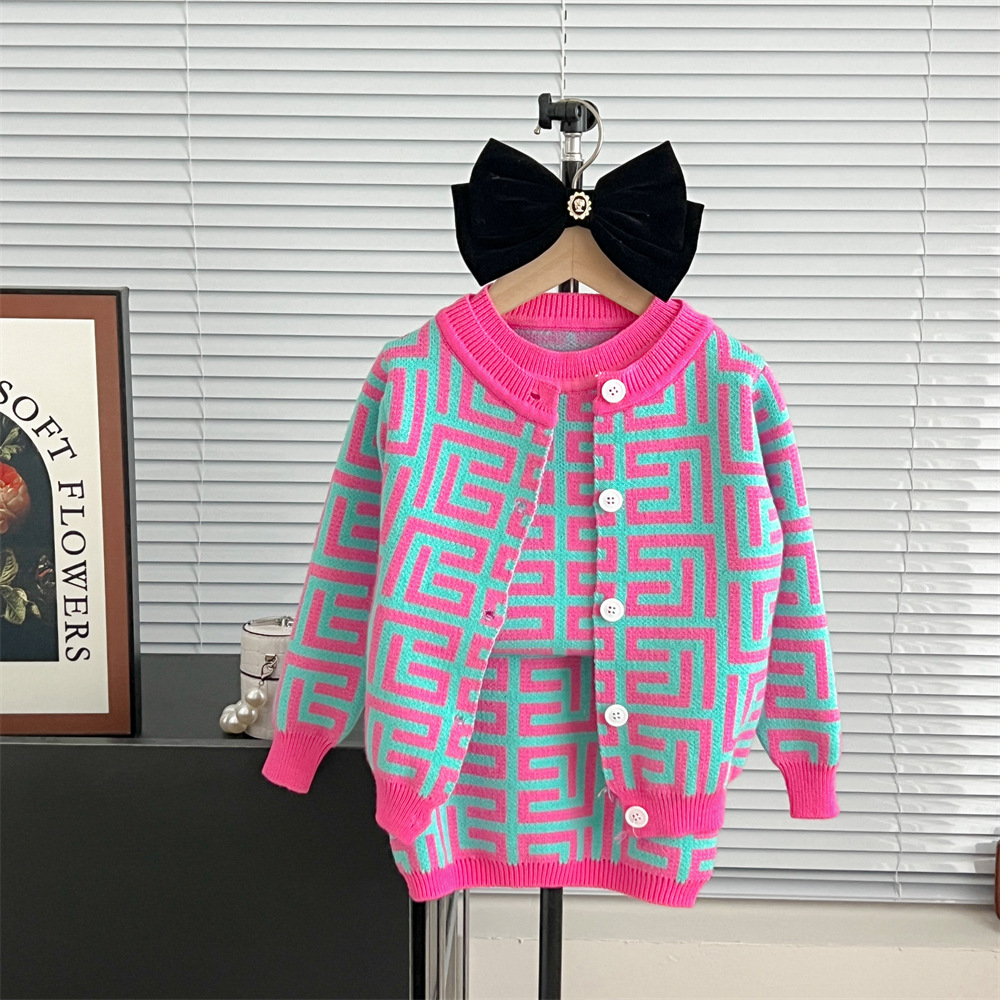 2024 New Retro Jacquard Color Block Long sleeved Knitted Shirt+Round Neck Vest+Knitted Skirt Three Piece Set