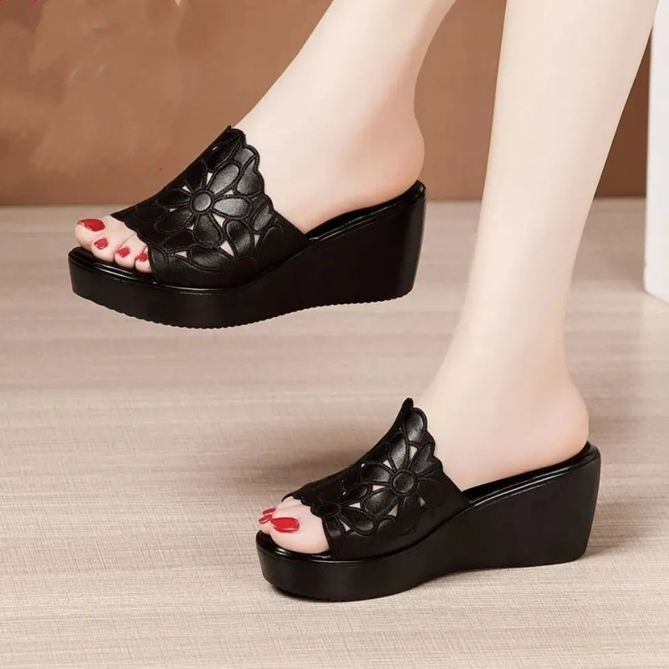 Soft leather Slope Heel Sandals Women's Summer Wear New Muffin Thick Bottom Fish Mouth Waterproof Platform Soft Bottom Shoes