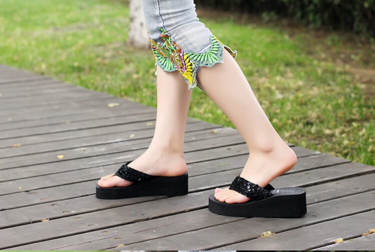 New slippers female slippers wedges platform elevator slip-resistant paillette beach flip flops Plus size 36-40