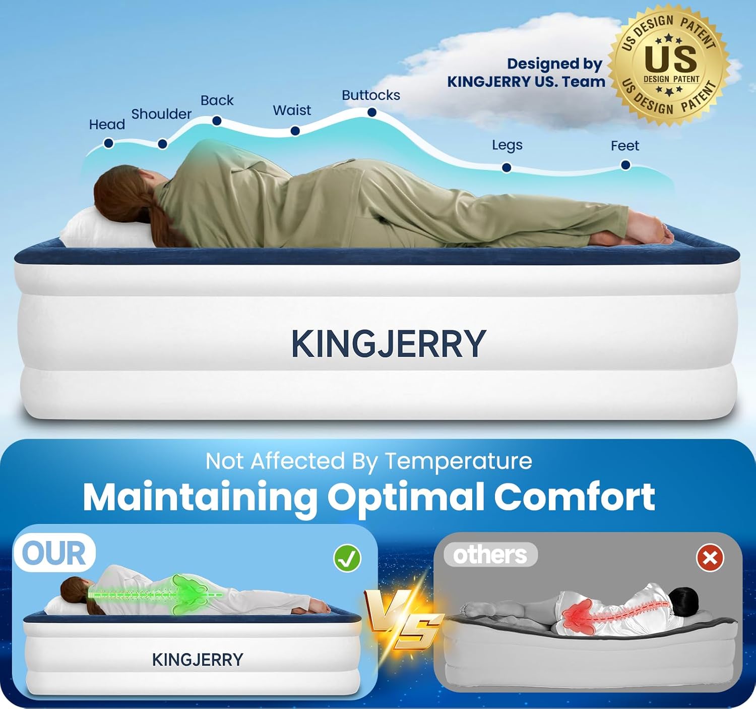 KINGJERRY Twin XL Air Mattress with Built-in Pump, Dual-Layer Leakproof, Upgraded 80" Length Blow-up Mattress, 18" Raised Comfort, 2 Min Inflation, Su