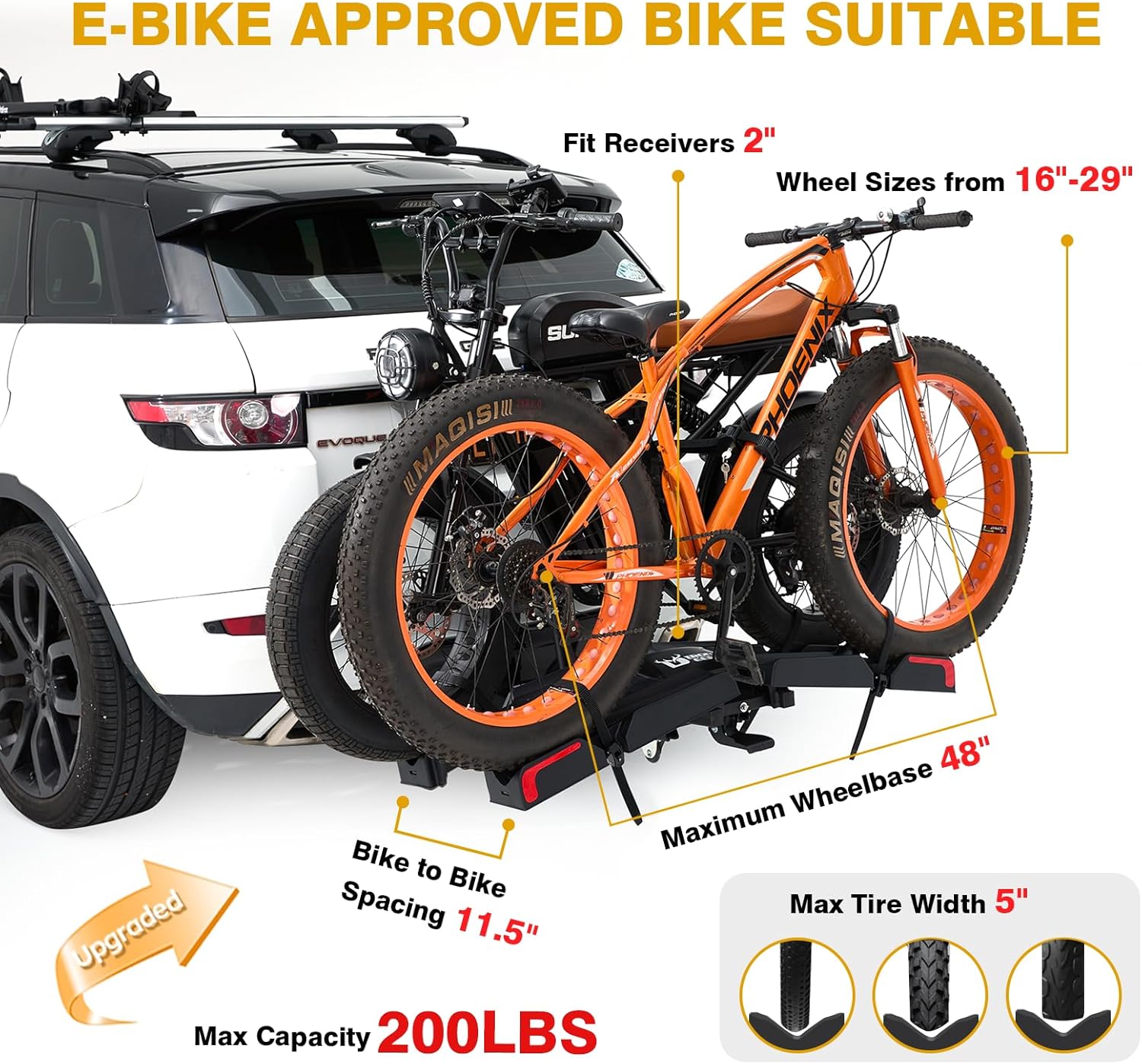 Ebike Rack with Ramp for 2 E-Bikes 200 lbs Capacity Fits 5" Fat Tire, Hitch Bike Rack for Cars SUVs Trucks with 2" Receiver, Foldable Tilting Locking