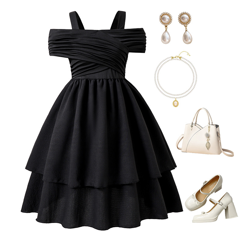 Black Dress For Kids Girls Off-the-Shoulder Tiered Sleeveless Gown Party Dating Clothes Children Clothes Summer Clothes For 8-12