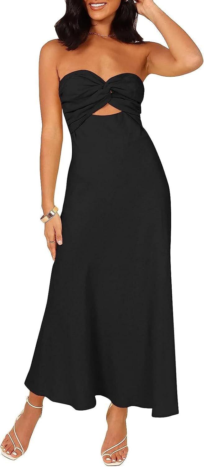 Sexy Twist Front Strapless Sweetheart Neckline Midi Dresses for Women Smocked Cutout Tube Linen Dress Wedding Guest