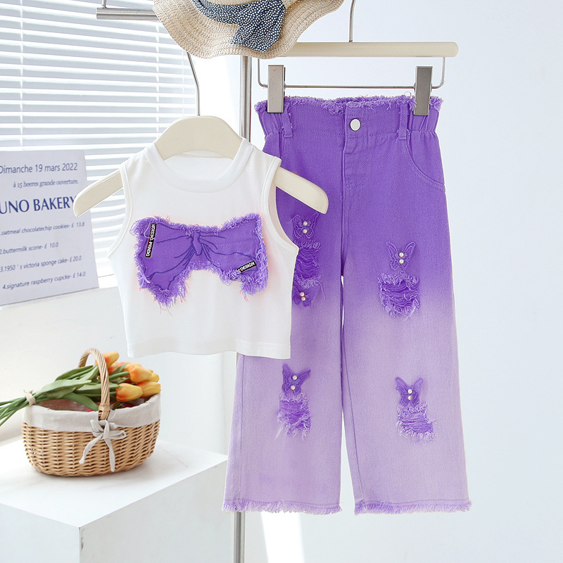 Girls' summer suit children's sleeveless ripped jeans two-piece set of medium and big boys girls' summer clothes