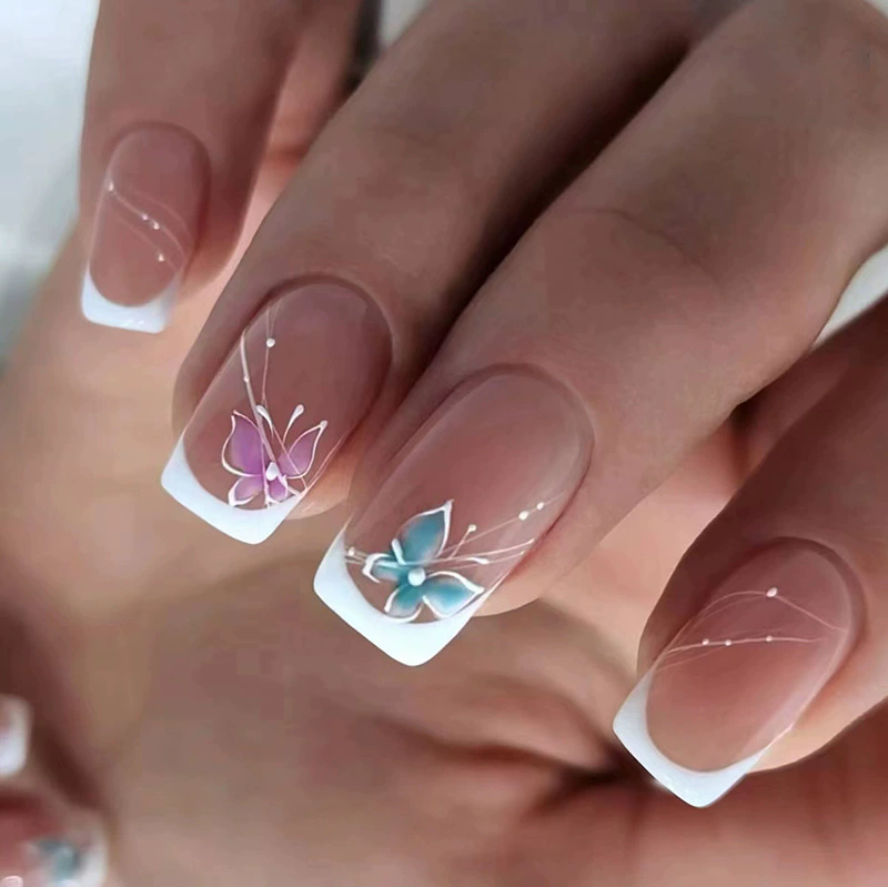 New Middle Long Square False Nails Love Geometry Pattern French Ballet Wearable Fake Nails With Glue Tape Full Cover Press on Na
