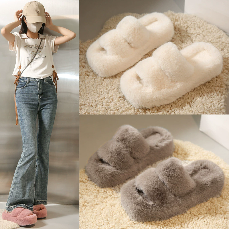2025 Winter Keep Warm Women Fur Furry Slippers for Home Fluffy Soft Indoor Slides Thick Flats Heel Non Slip Indoor House Shoes