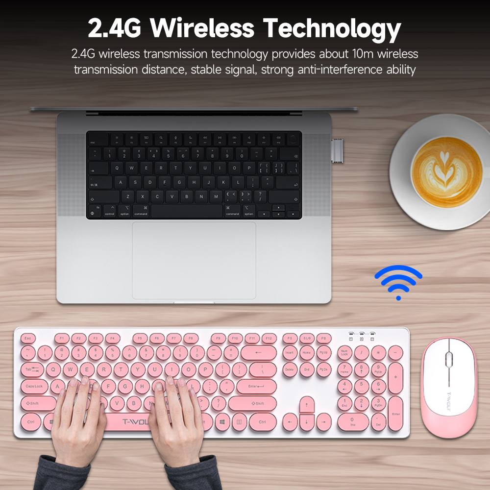 T-WOLF TF770 2.4G Wireless Keyboard Mouse Combo Retro Punk Round Keycap Comfortable Mute Typing keyboard mouse for PC Laptop
