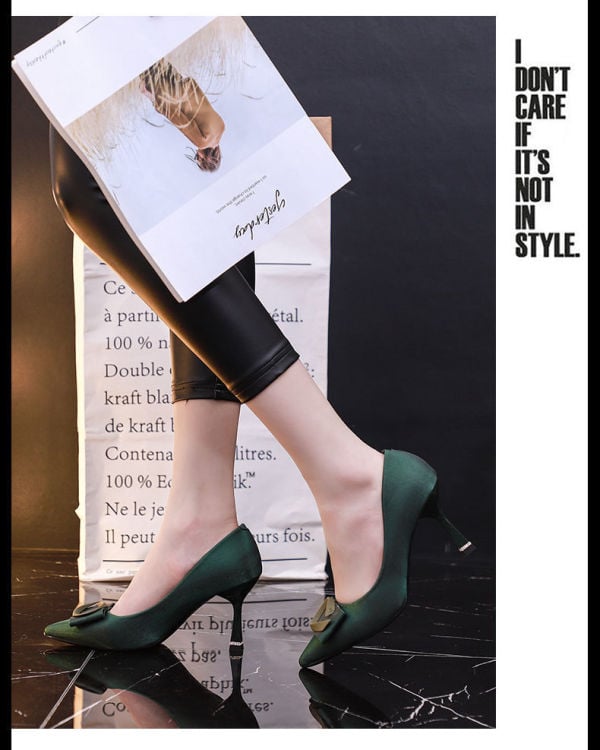 Green banquet shoes evening high heels women's spring new pointy satin stiletto heel with a heel height of 7cm