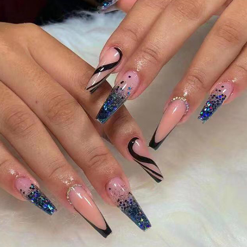 24pcs/Set Long Fake Nails European Marbled Pink Purple Gradient Beauty Artificial False Nails With Double-sided Adhesive Tape