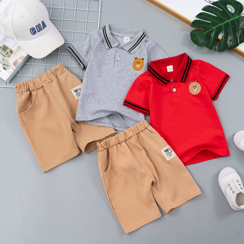 Children's summer polo shirt short sleeved set, handsome little bear two-piece set