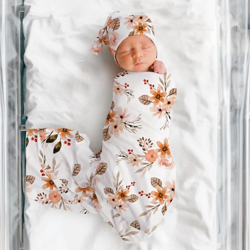 Baby scarf, newborn swaddling cloth, fetal cap and headband, three piece anti shock printed elastic wrap