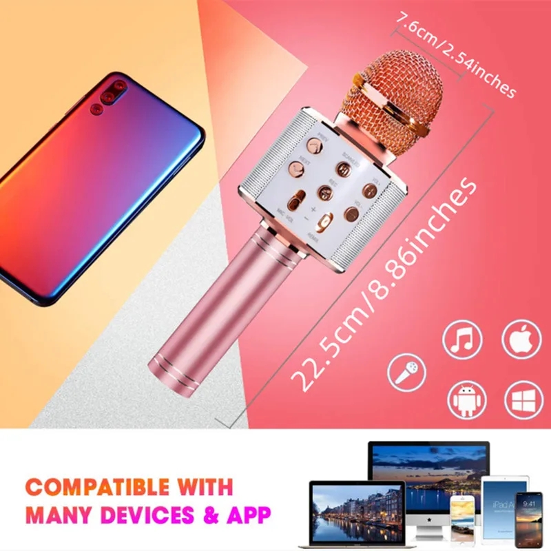 WS858L Professional Handheld Wireless Karaoke Microphone USB Speaker Microphone for Kids Music Player Singing Recorder KTV