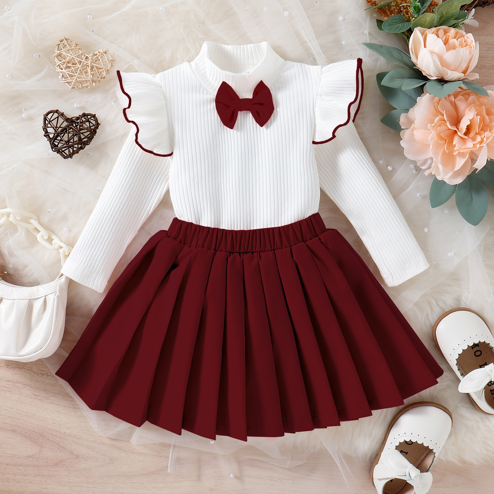 Girls' Autumn/Winter Long Sleeve Set Girls' Bow Round Neck Knitted Top+Skirt Sweater Two Piece Fashion Girls' Set