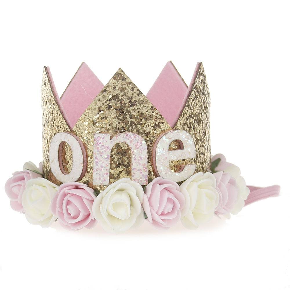 Baby Girl First Birthday Party Hat Decorations Hairband Princess Queen Crown Lace Hair Band Elastic Head Wear Hat Gifts For Kids