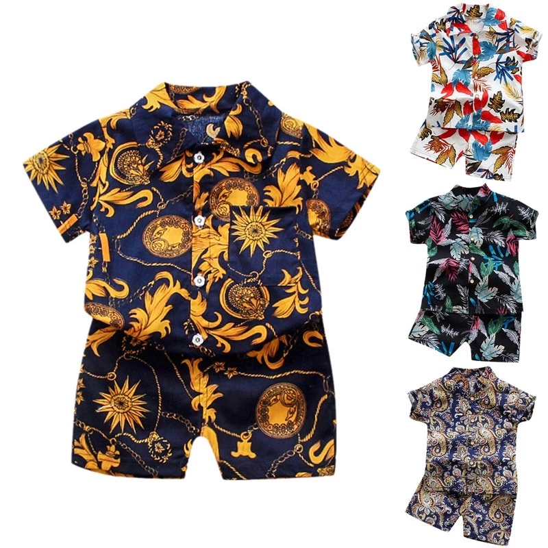 Baby Boys Floral Printed Clothes Set Summer Short Sleeve Shirt Top+Pants 2Pcs Gentelman 1 2 3 4 5 Year Kids Clothing Outfit