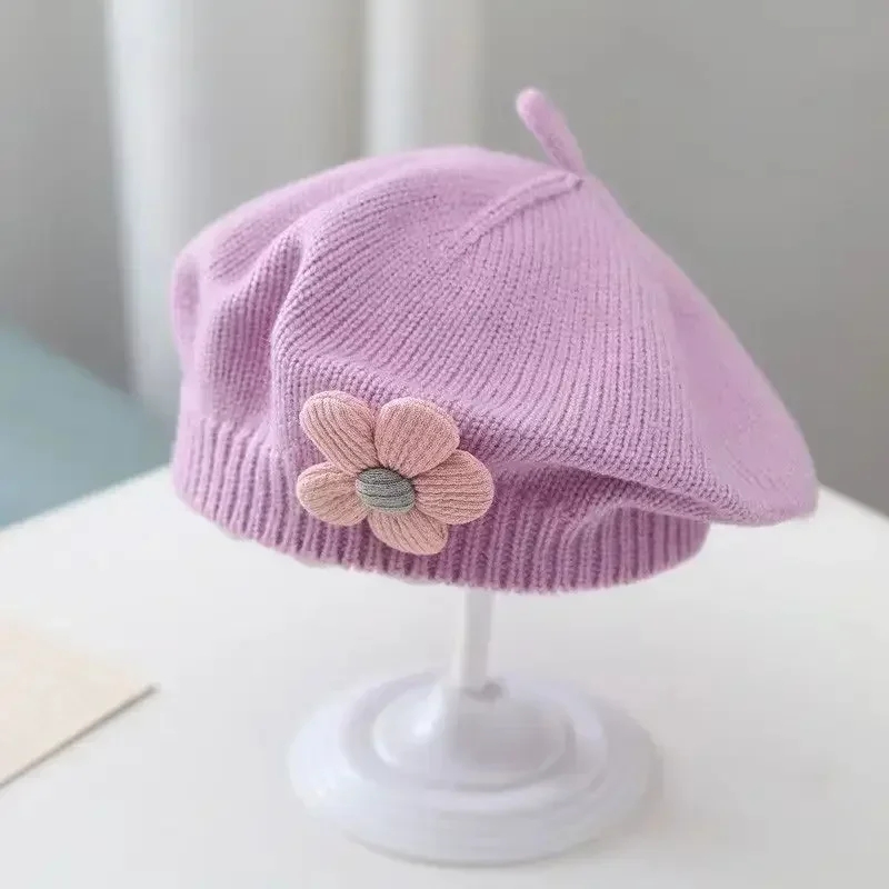 Baby Beret Hat Winter Warm Knitted Beanie Cap for Infant Girls Korean Toddler Princess Artist Solid Color Painter Caps