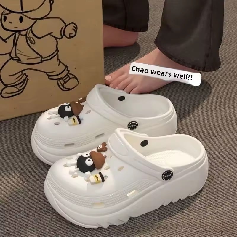 Thick Bottom Sandals Women's Summer New Style Beach Outdoor Wear Anti-slip Cartoon Match All High Heel Pvc Material Shoes