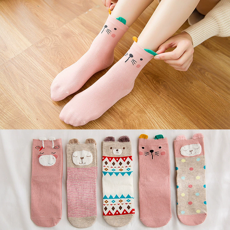 5 pairs pack women socks The Stereo ear cartoon animals happy funny cotton cute socks Feather yarn socks