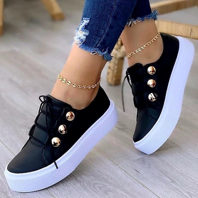 Women's Sneakers Plus Size White Studs Flat Heel Round Toe Outdoor Walking Shoes PU Leather Lace Up Shoes