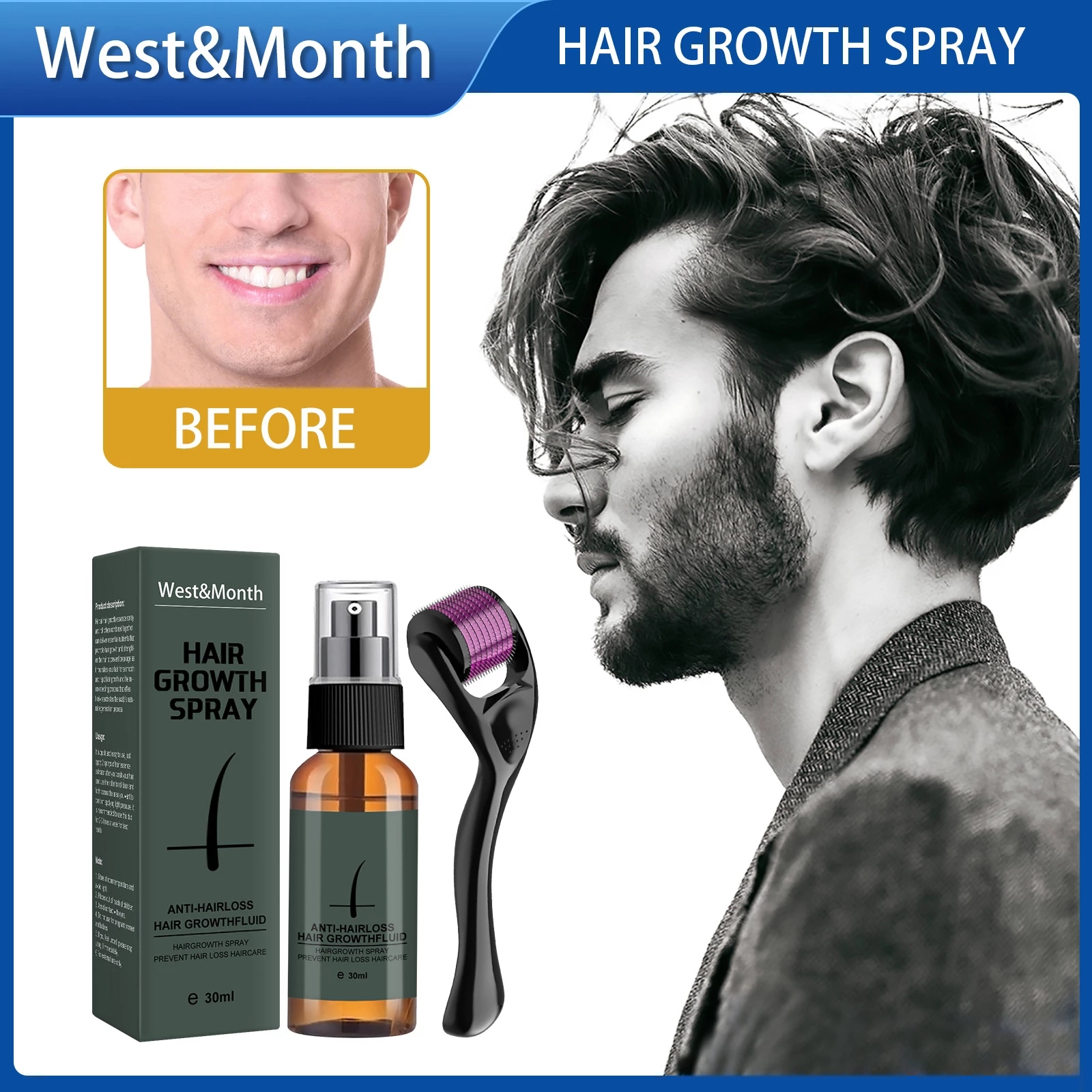30ml Men Beard Growth Roller Set Beard Growth Kit Men's Beard Growth Essence Nourishing Enhancer Beard Oil Spray Beard Care
