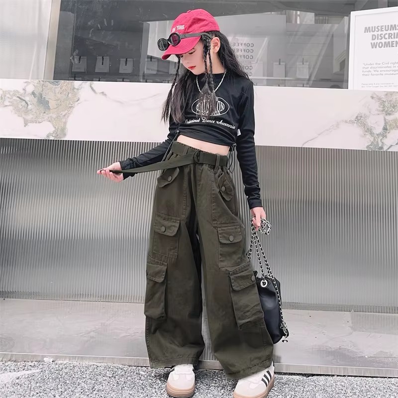 Girls Cargo Pants Loose Casual Fashion Children Trousers Pockets Design Trendy Cool Streetwear Teen Kids Pants 13 14 Years
