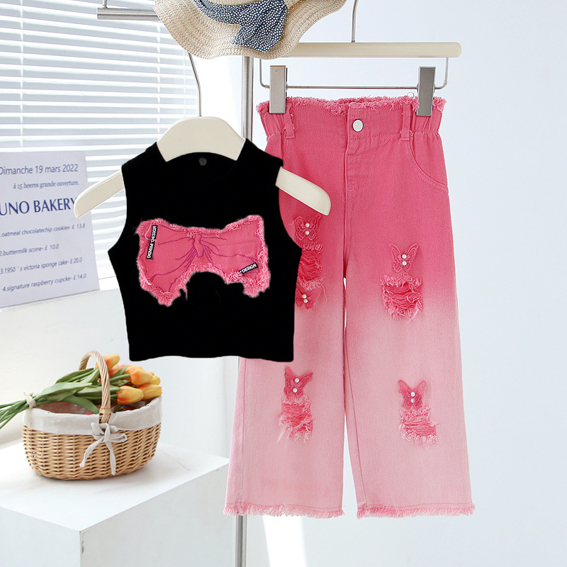Girls' summer suit children's sleeveless ripped jeans two-piece set of medium and big boys girls' summer clothes