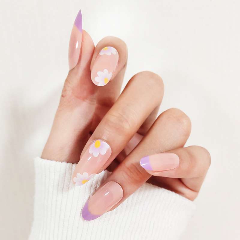 24pcs/box False Nails Summer Simple Wearing Nail Art Flower Pattern Removable Nail Stickers With Jelly Glue for girls