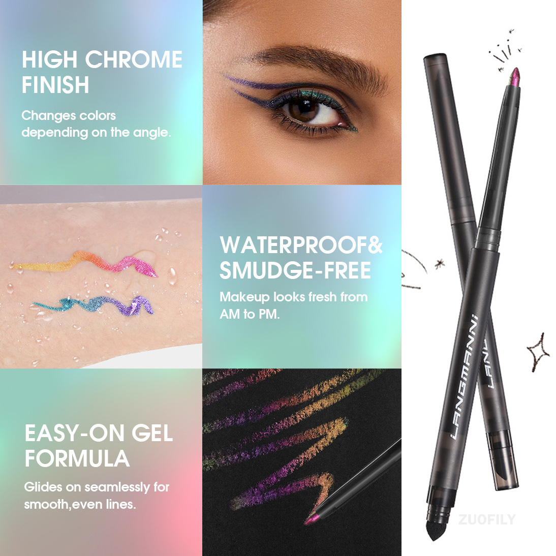 Aurora Chameleon Eyeliner Gel Pen 2In1 Lasting MultiChrome Peacock Galaxy Chrome Waterproof Highlights Eye Makeup Liner Pigments