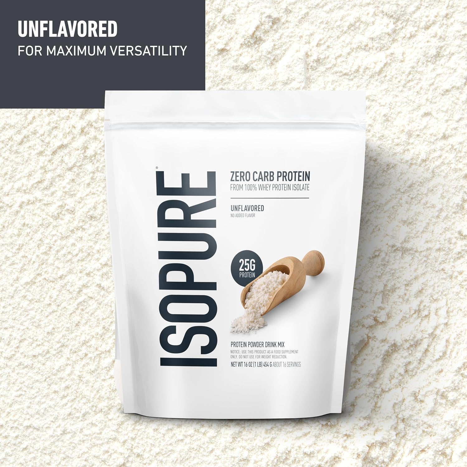 Isopure Zero Carb 100% Pure Whey Isolate Protein Powder, Gluten Free, with Vitamins, Unflavored, 25g Protein Per Serving, 1 Lb, 16 Servings (Packaging