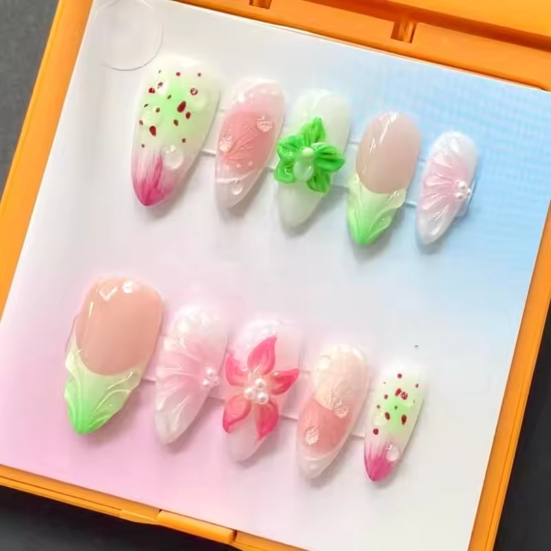24PCS Almond Press on Nails Summer Pink 3D Flowers Shell Starfish Fake Nails for Women Blue Gradient French Beach False Nails