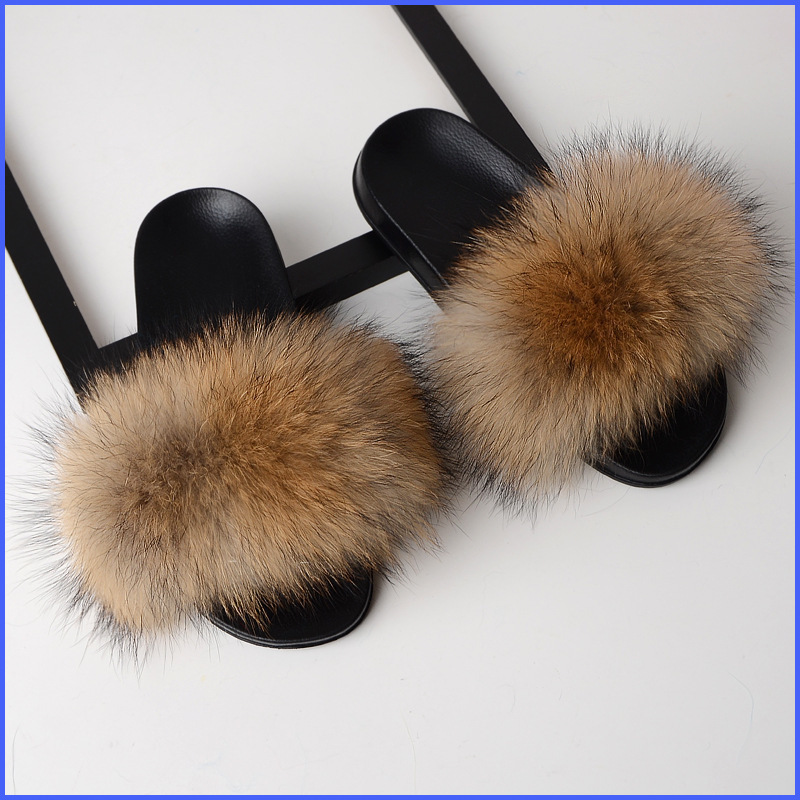 Fur slippers ladies anti-true fox fur slippers home furry flat sandals plush slippers