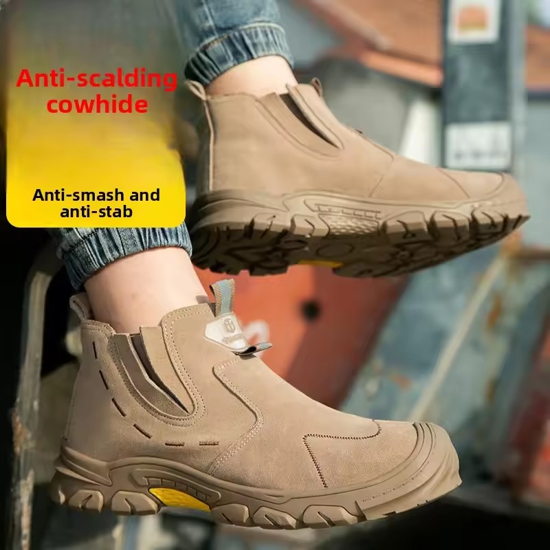 Mens fashion steel toe caps work safety boots cow suede leather welding shoes worker security ankle botas safe footwear protect