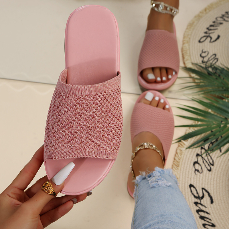 New Flyknit Bottom Casual Large Beach Shoes Flat Bottom One Word Slippers for Women