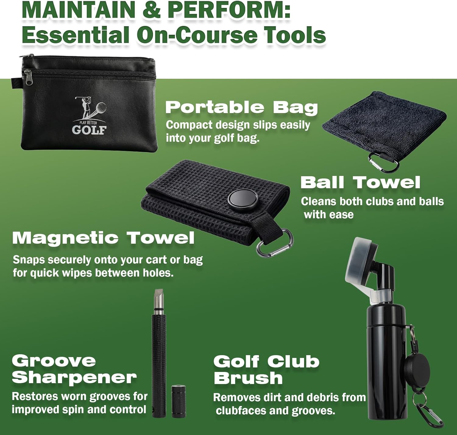 Golf Club Cleaning Kit, 8-in-1 Club Care Set with Cleaner, Brush, Groove Sharpener, Grip Cleaner, Polish, Magnetic Towel, Ball Towel & Portable Bag -
