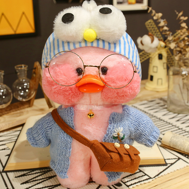 Cafe Duck 30cm Little Yellow Duck Cute Pillow Plush Toy Stuffed Doll Wearing Glasses and Clothes Cartoon Cute Toy