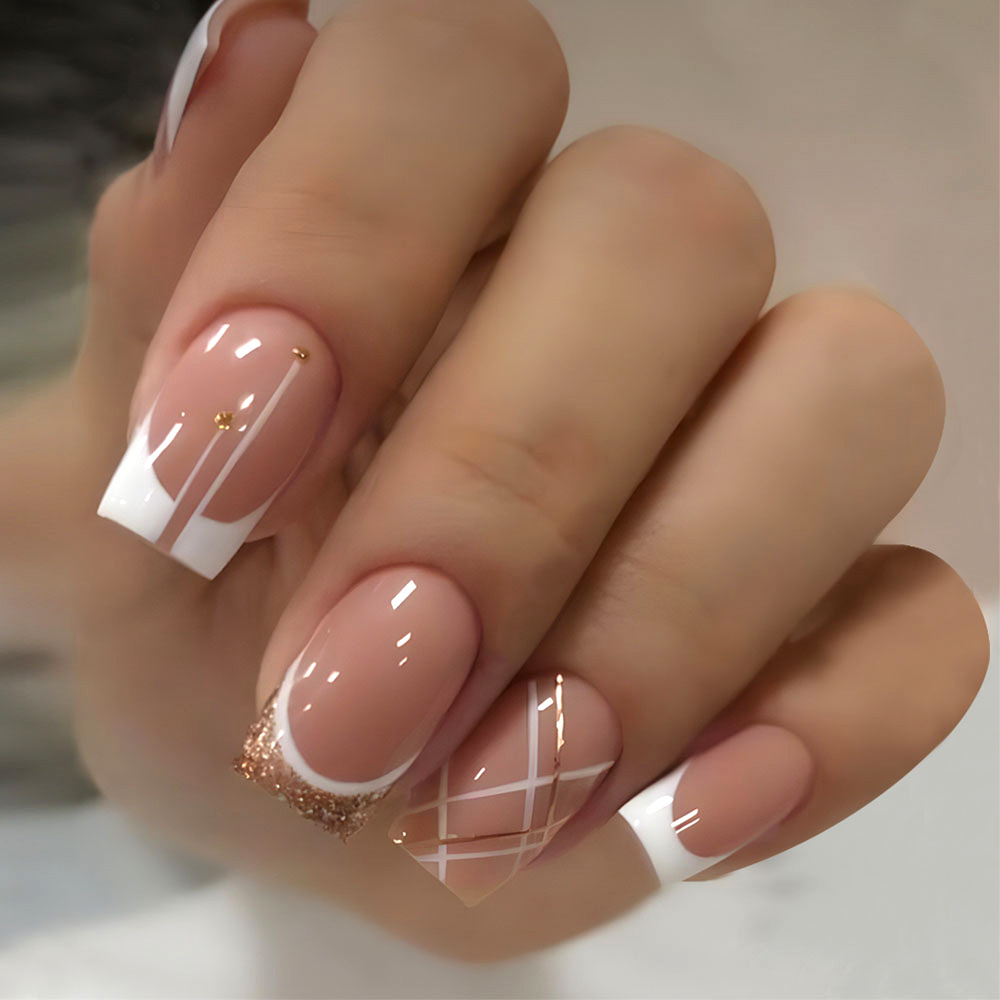 24Pcs/Set Full Cover False Nail Gradients Pink Press Reusable Acrylic Peach Color Fake Nails French Style Stick On Nail Art
