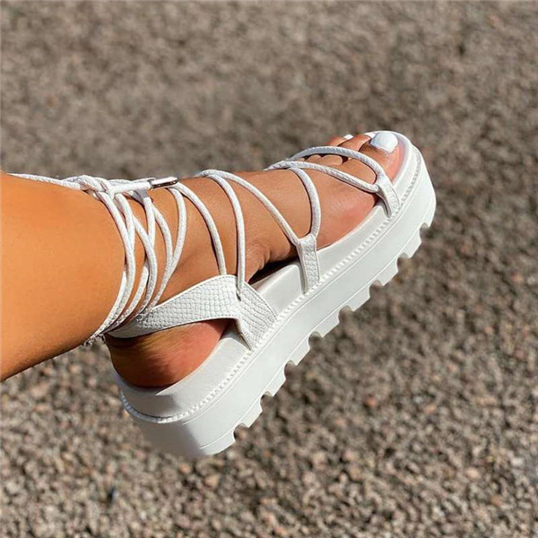 Women's shoes summer new bandage flat bottom net red ins tide solid color sponge cake thick bottom large size Roman shoes